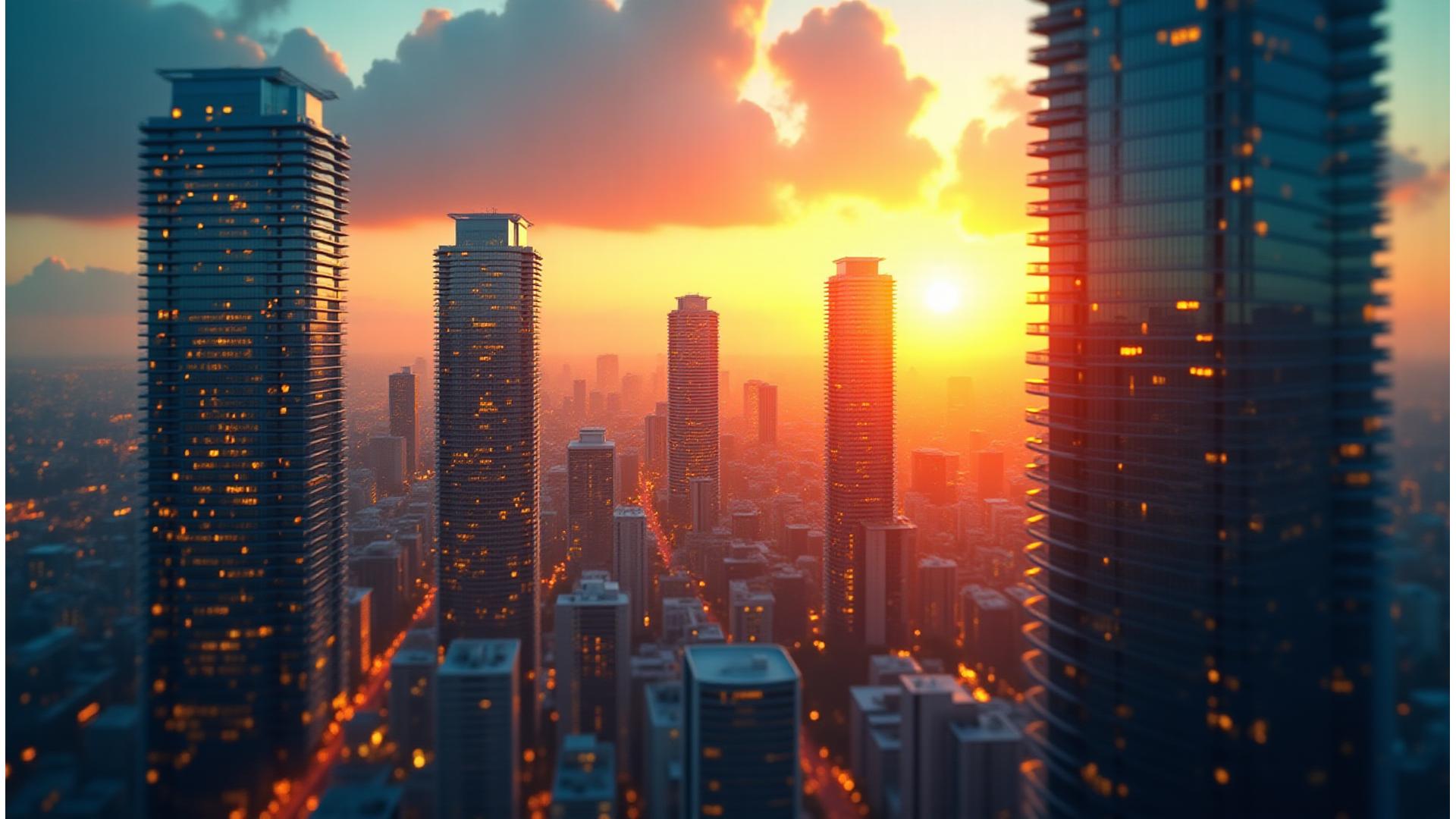 Panoramic view of Miami skyline at sunset with digital overlay representing technology and data flow