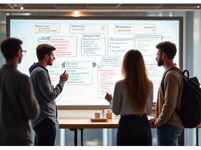 Team collaborating around a whiteboard with agile sprint tasks