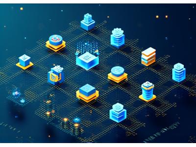 Variety of technology icons and code snippets on a dark background
