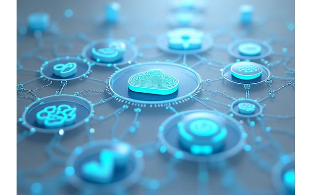 Visually appealing diagram showcasing interconnected automation technologies like RPA bots, cloud icons, API symbols, and machine learning neural networks.